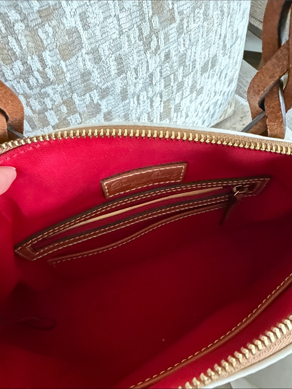 Dooney & Bourke Cream Tote with Red Interior and Tan Straps - Picture 6 of 7